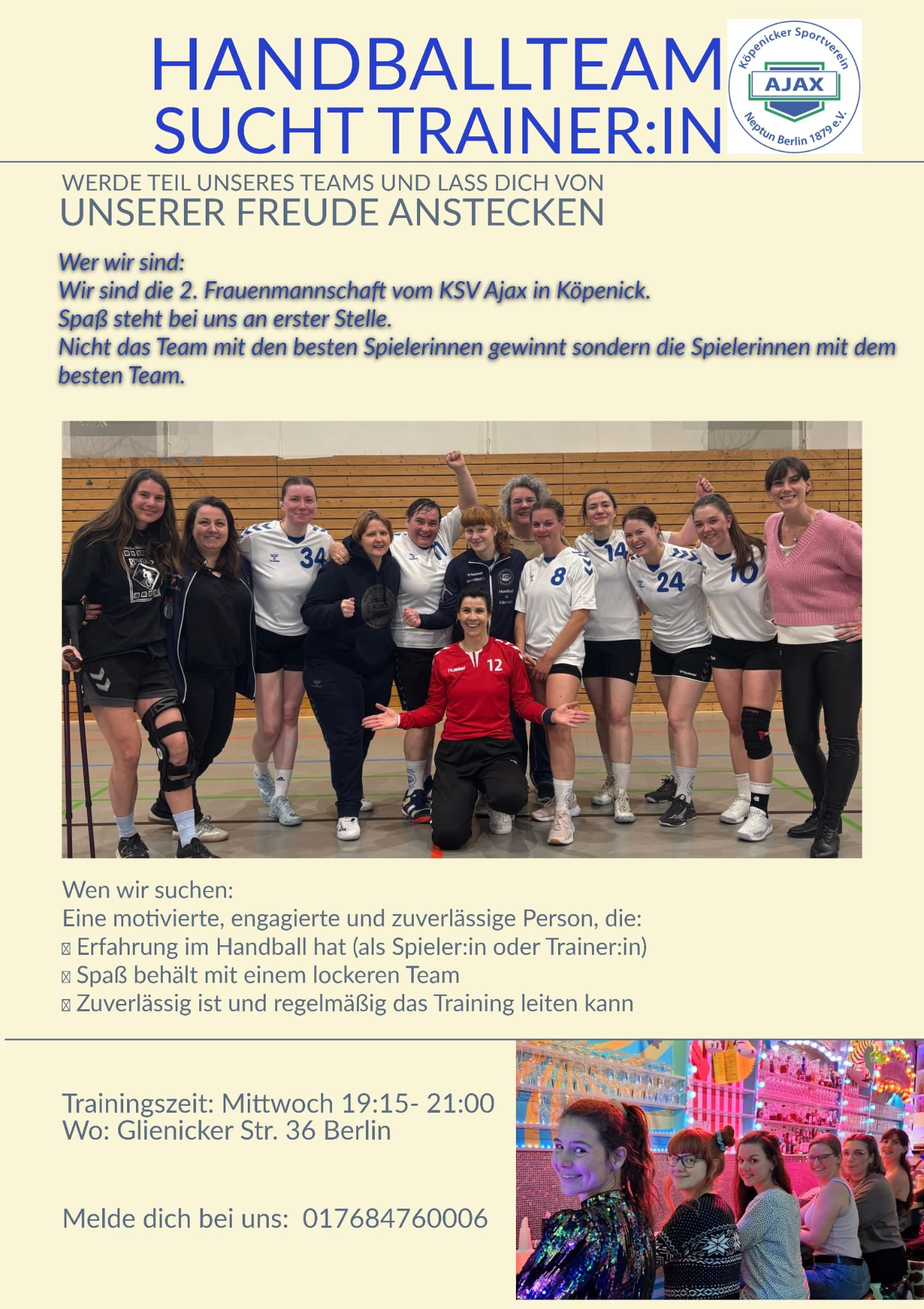 Bilder der zweite Frauenmannschaft des KSV Ajax Handball, und Text, mit dem ein Trainer bzw. eine Trainerin gesucht wird